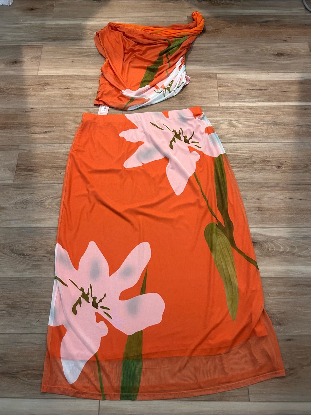 Micas Orange Mesh Floral Two-Piece Maxi Skirt Set